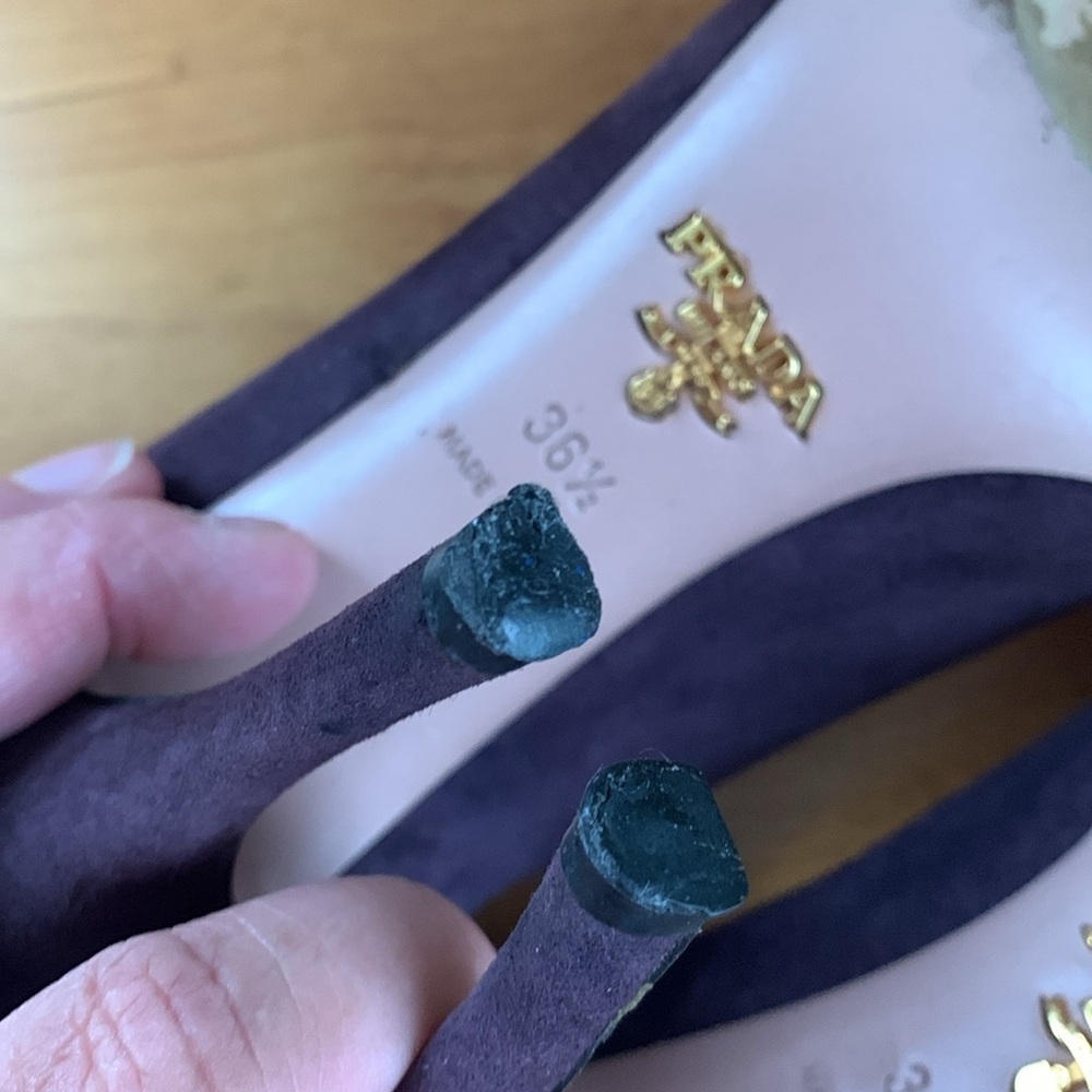 Prada purple suede heels US size 6.5 EUR 36.5 GUC peep toe black ruffles - Picture 6 of 15